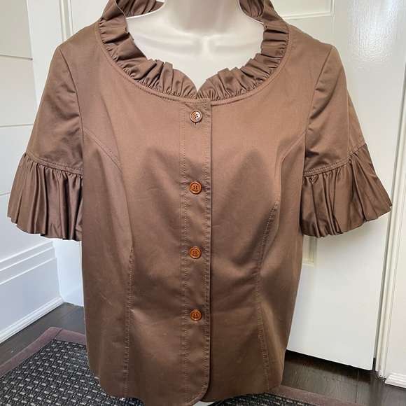 Escada Brown Ruffle Trim Puff Sleeve Cotton Jacket 44